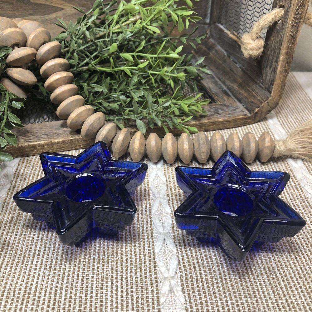 VTG Cobalt Blue 6‑Point Star Glass Candle Holders Pressed Glass Pair 970s-1990s